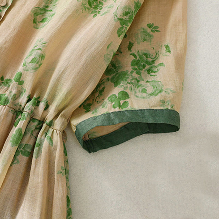 Abito midi in cotone con maniche corte, vita alta, coulisse, bottoni e tasche con stampa Buddha Stones - image 13