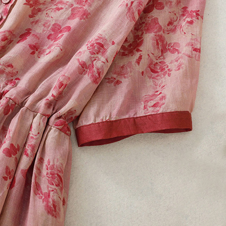 Abito midi in cotone con maniche corte, vita alta, coulisse, bottoni e tasche con stampa Buddha Stones - image 5