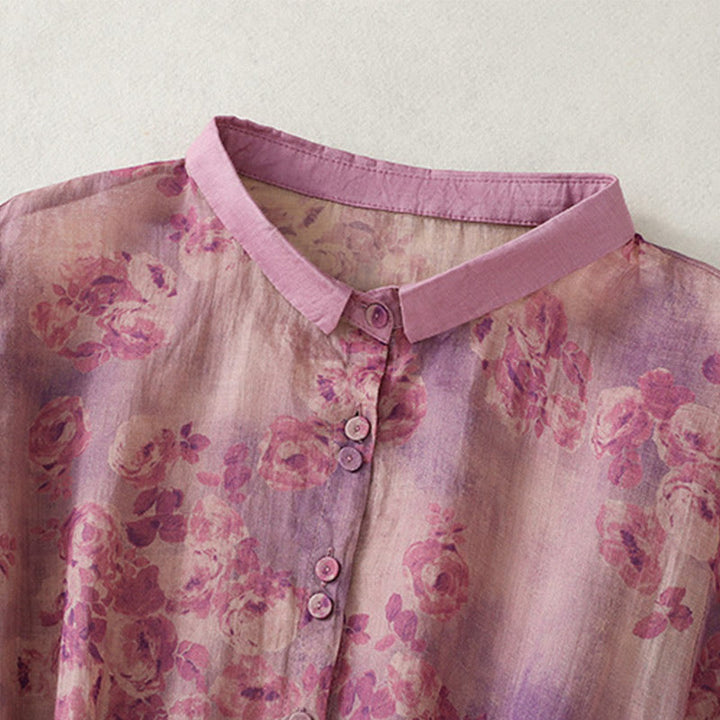 Abito midi in cotone con maniche corte, vita alta, coulisse, bottoni e tasche con stampa Buddha Stones - image 22