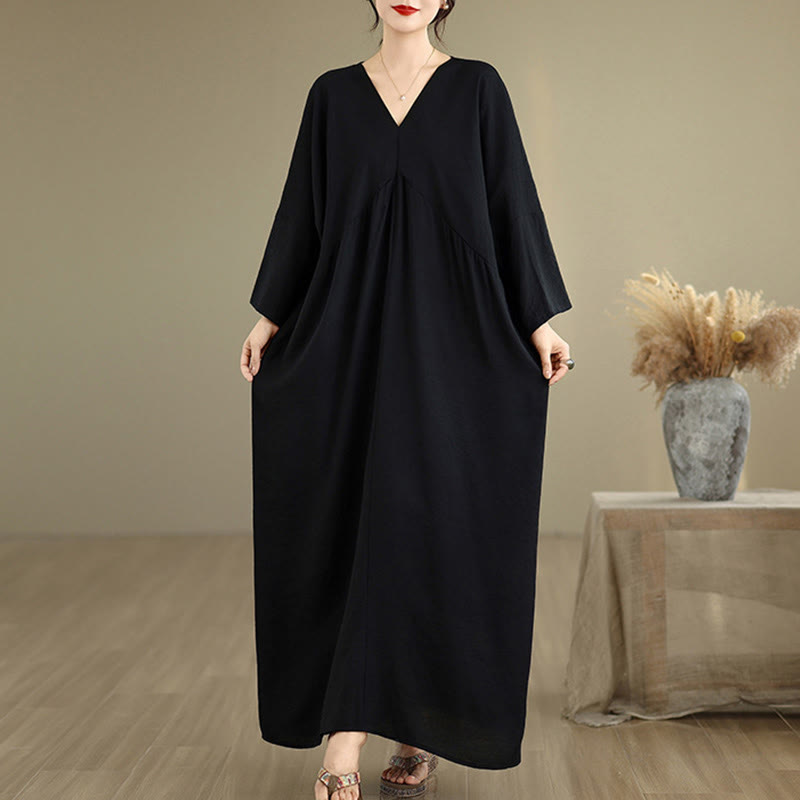 Abito midi in cotone a maniche lunghe con scollo a V e colori puri Buddha Stones Fall - Nero - US4， UK/AU8，EU36-46(F) - image 1