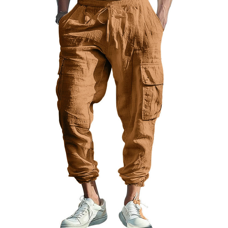 Pantaloni cargo da uomo in lino tinta unita con coulisse e tasche Buddha Stones - SandyBrown - US/UK/AU46, EU56 (3XL) - image 31