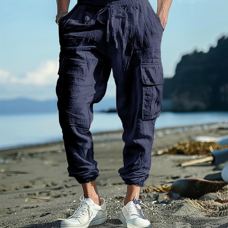 Pantaloni cargo da uomo in lino tinta unita con coulisse e tasche Buddha Stones - SteelBlue - US/UK/AU46, EU56 (3XL) - image 29