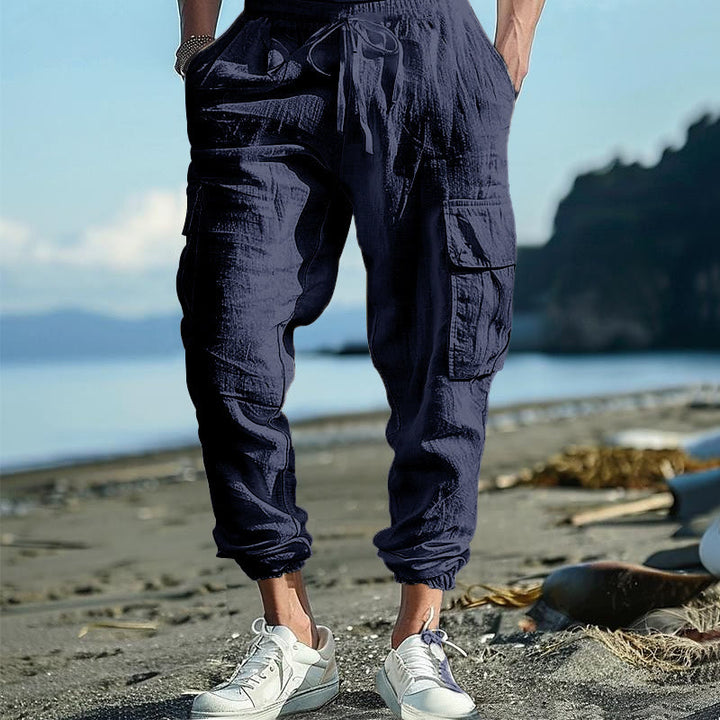 Pantaloni cargo da uomo in lino tinta unita con coulisse e tasche Buddha Stones - SteelBlue - US/UK/AU46, EU56 (3XL) - image 29