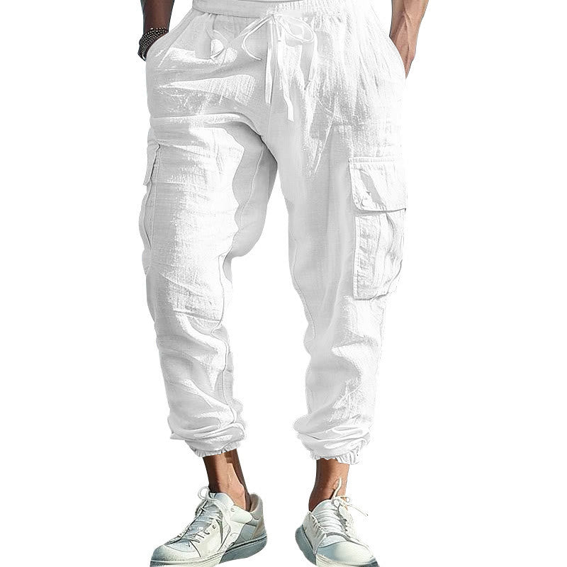 Pantaloni cargo da uomo in lino tinta unita con coulisse e tasche Buddha Stones - image 32