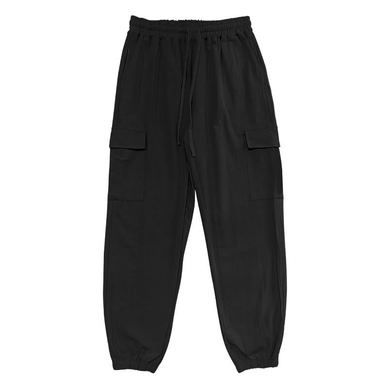 Pantaloni cargo da uomo in lino tinta unita con coulisse e tasche Buddha Stones - image 2