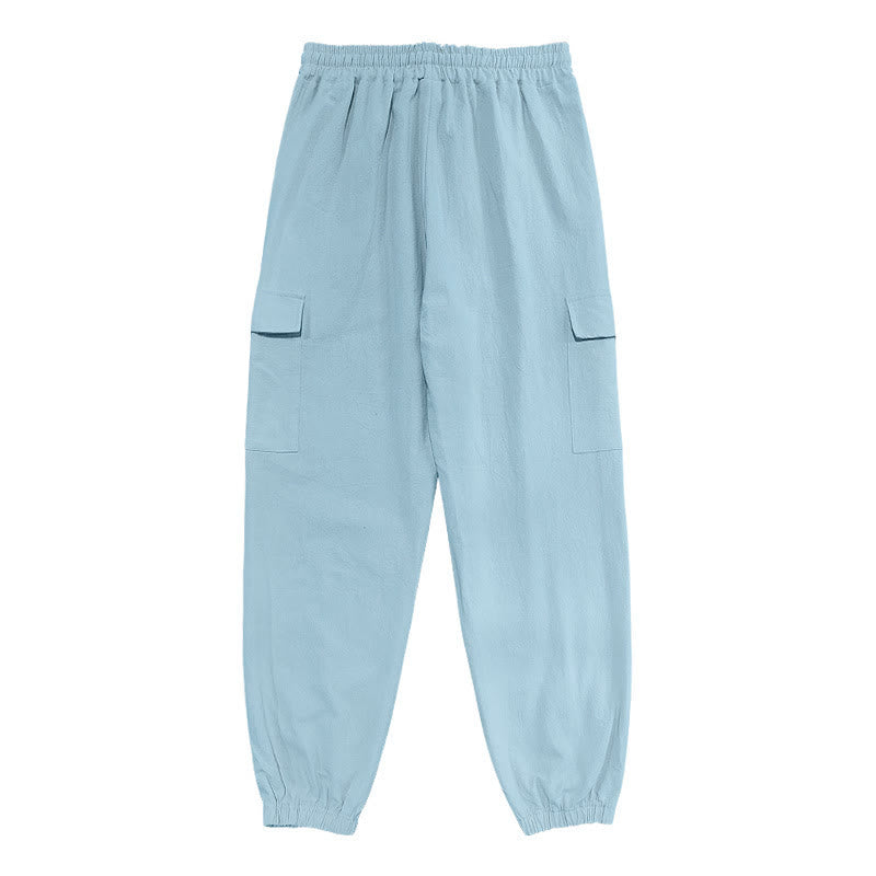 Pantaloni cargo da uomo in lino tinta unita con coulisse e tasche Buddha Stones - image 10