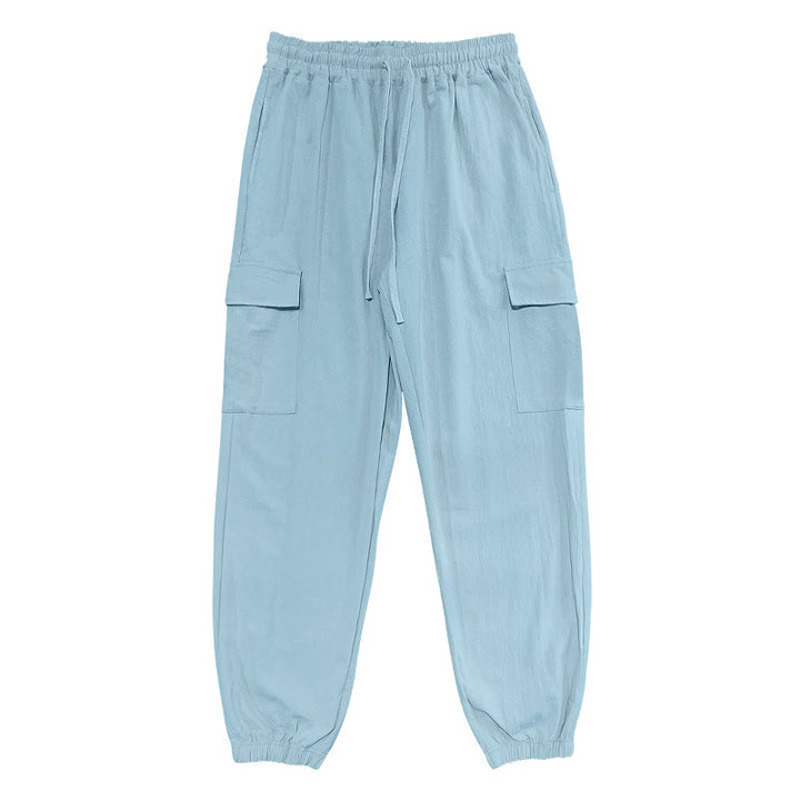 Pantaloni cargo da uomo in lino tinta unita con coulisse e tasche Buddha Stones - image 9