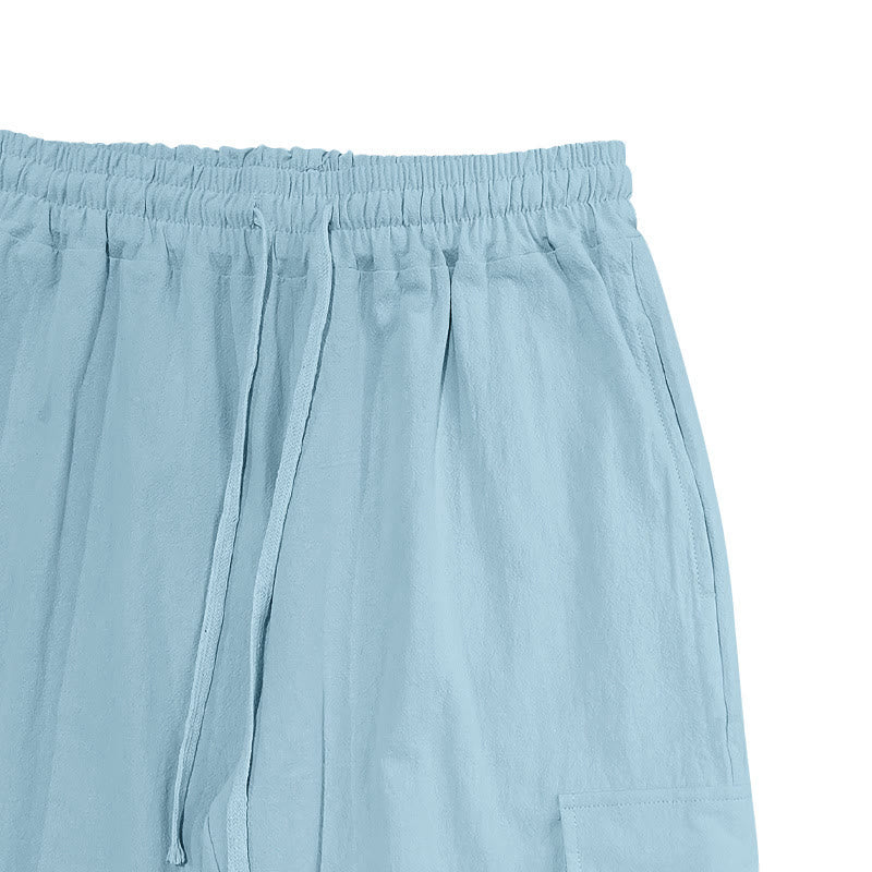 Pantaloni cargo da uomo in lino tinta unita con coulisse e tasche Buddha Stones - image 11