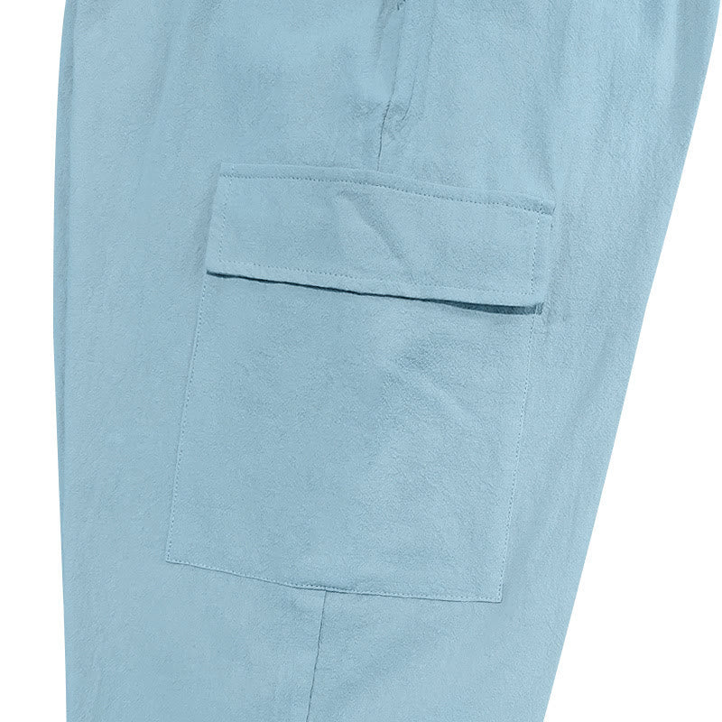 Pantaloni cargo da uomo in lino tinta unita con coulisse e tasche Buddha Stones - image 12