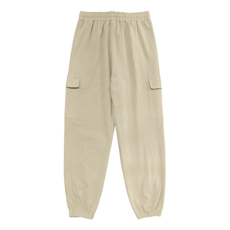 Pantaloni cargo da uomo in lino tinta unita con coulisse e tasche Buddha Stones - image 23