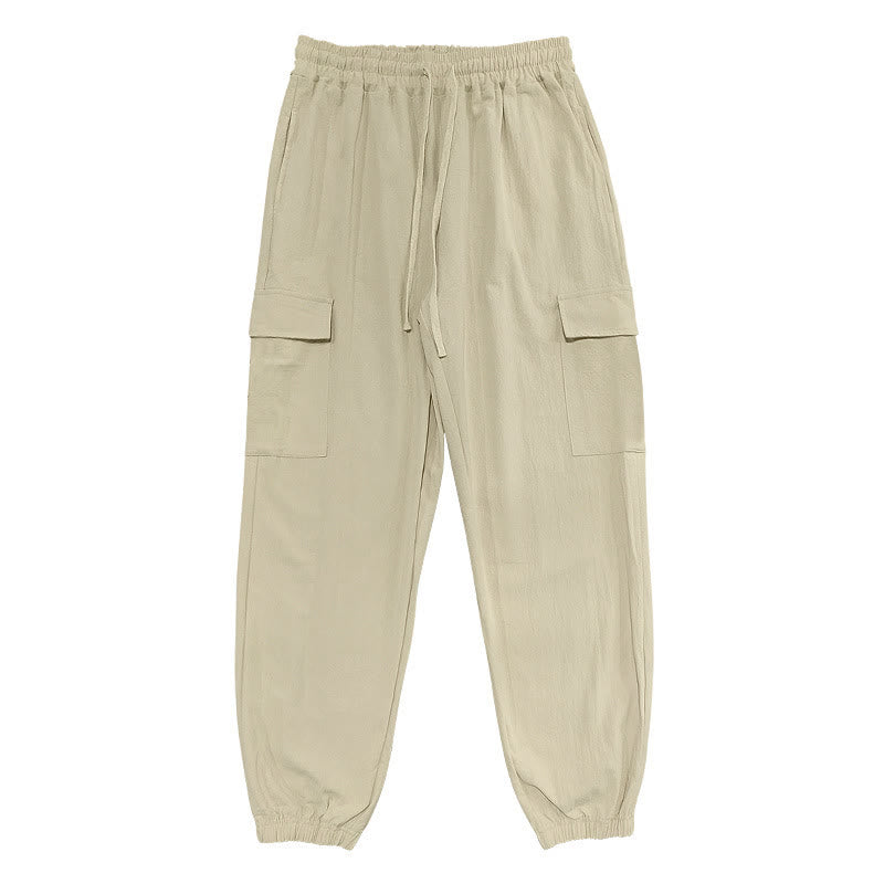 Pantaloni cargo da uomo in lino tinta unita con coulisse e tasche Buddha Stones - image 23