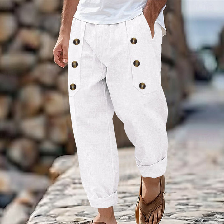 Pantaloni da uomo in cotone casual con bottoni in tinta unita e tasche Buddha Stones - Bianco - US/UK/AU46, EU56 (3XL) - image 1