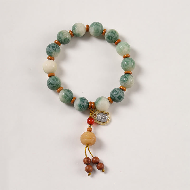 Bracciale della pace in zakiram intagliato con Buddha Stones e semi di Bodhi sfumati, Om Mani Padme Hum - image 2