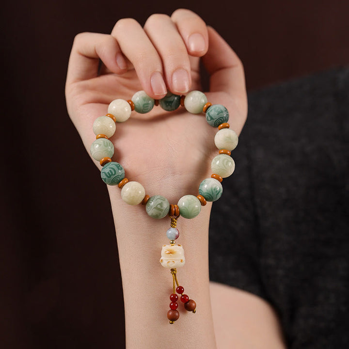 Bracciale della pace in zakiram intagliato con Buddha Stones e semi di Bodhi sfumati, Om Mani Padme Hum - image 9