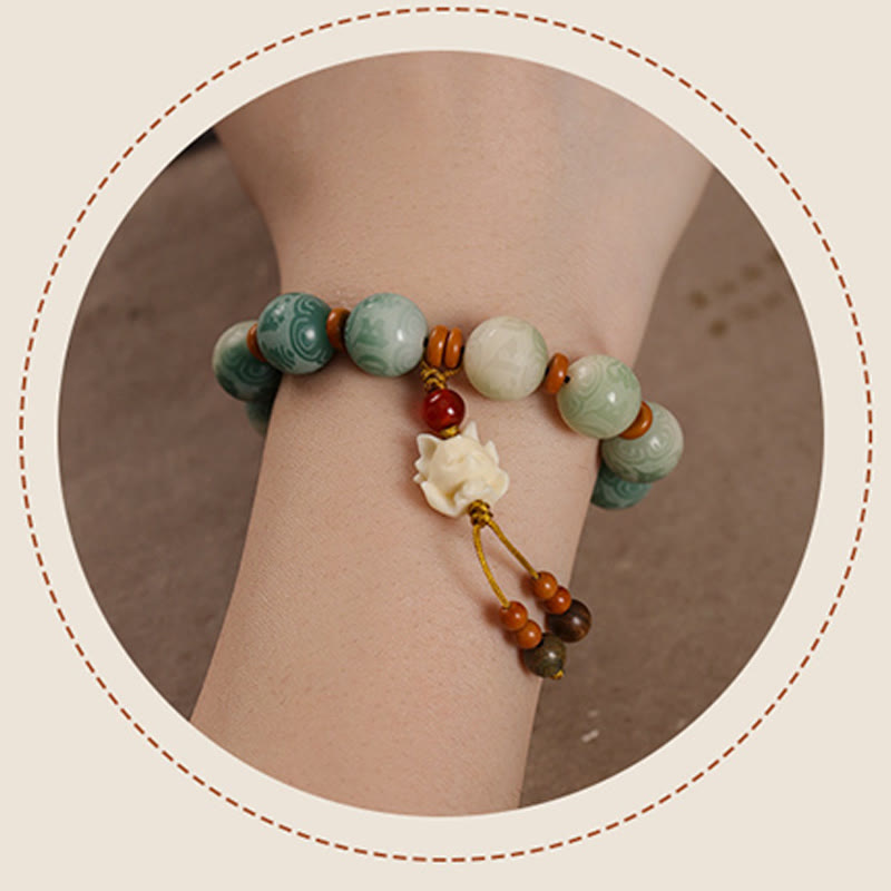 Bracciale della pace in zakiram intagliato con Buddha Stones e semi di Bodhi sfumati, Om Mani Padme Hum - image 14