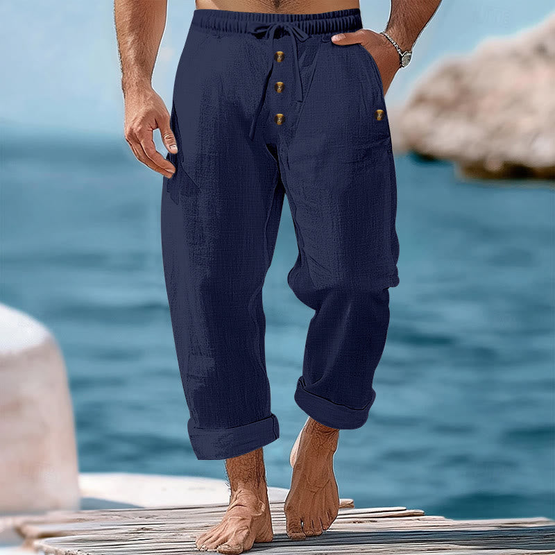 Pantaloni da uomo in cotone con tasche, coulisse e bottoni tinta unita con Buddha Stones - SteelBlue - US/UK/AU46, EU56 (3XL) - image 1