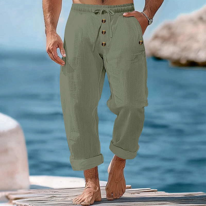 Pantaloni da uomo in cotone con tasche, coulisse e bottoni tinta unita con Buddha Stones - DarkSeaGreen - US/UK/AU46, EU56 (3XL) - image 27