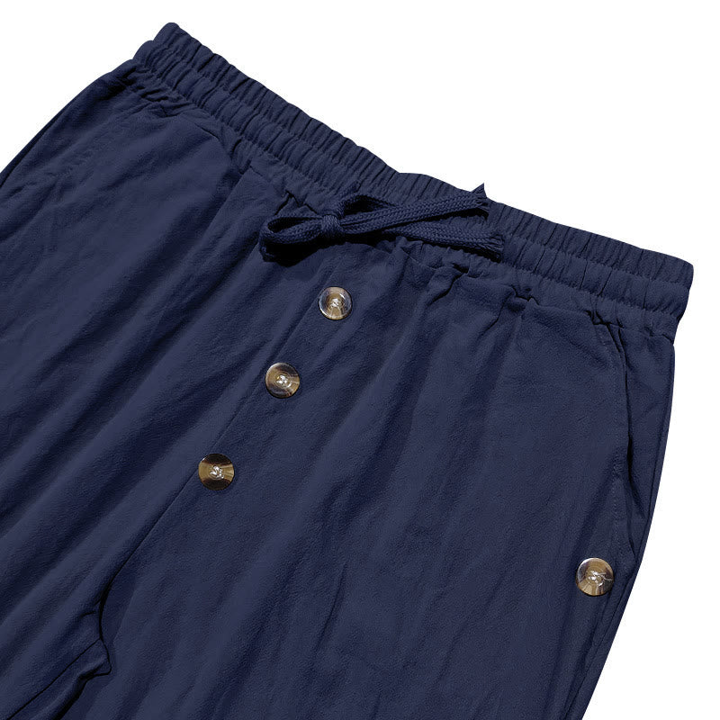 Pantaloni da uomo in cotone con tasche, coulisse e bottoni tinta unita con Buddha Stones - image 4