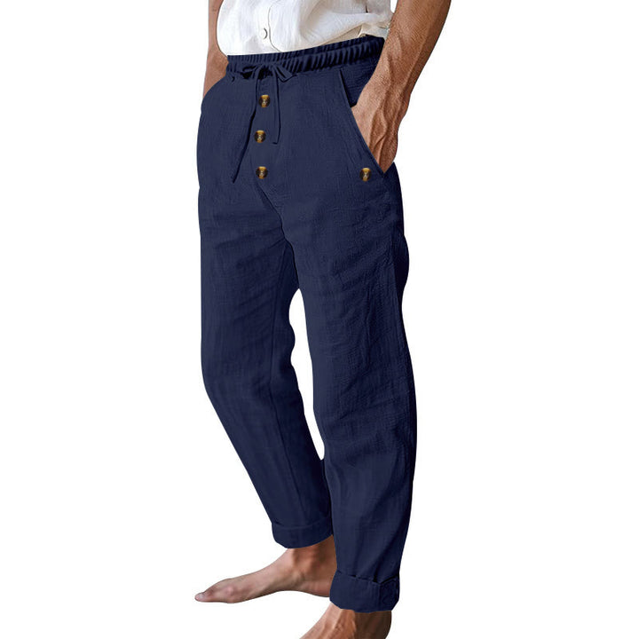 Pantaloni da uomo in cotone con tasche, coulisse e bottoni tinta unita con Buddha Stones - image 4