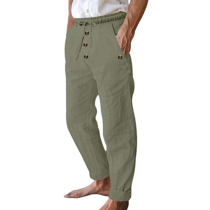 Pantaloni da uomo in cotone con tasche, coulisse e bottoni tinta unita con Buddha Stones - image 30