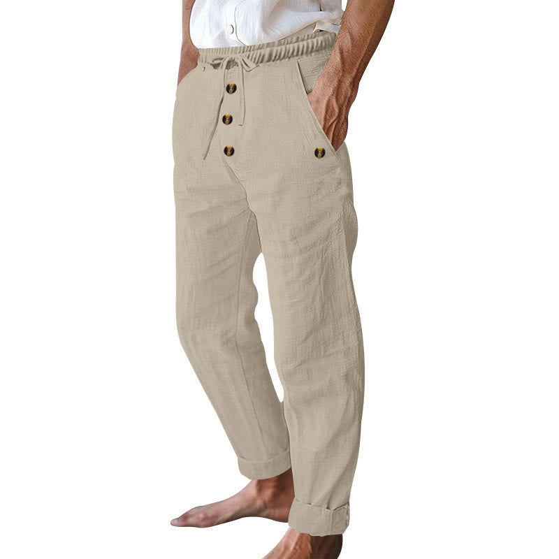Pantaloni da uomo in cotone con tasche, coulisse e bottoni tinta unita con Buddha Stones - image 37