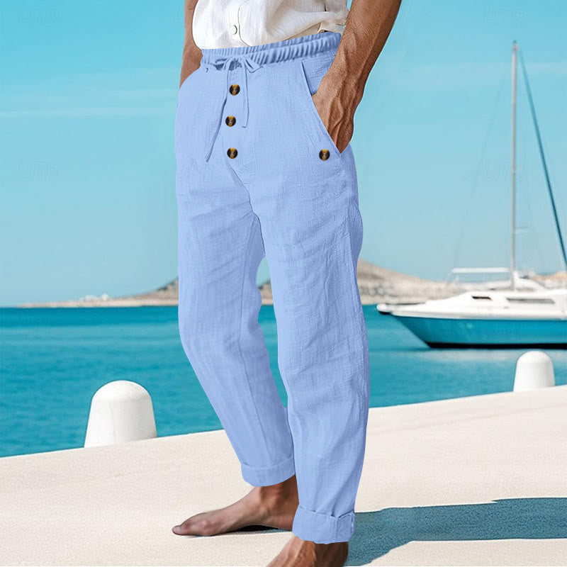 Pantaloni da uomo in cotone con tasche, coulisse e bottoni tinta unita con Buddha Stones - image 42