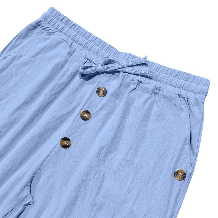 Pantaloni da uomo in cotone con tasche, coulisse e bottoni tinta unita con Buddha Stones - image 45