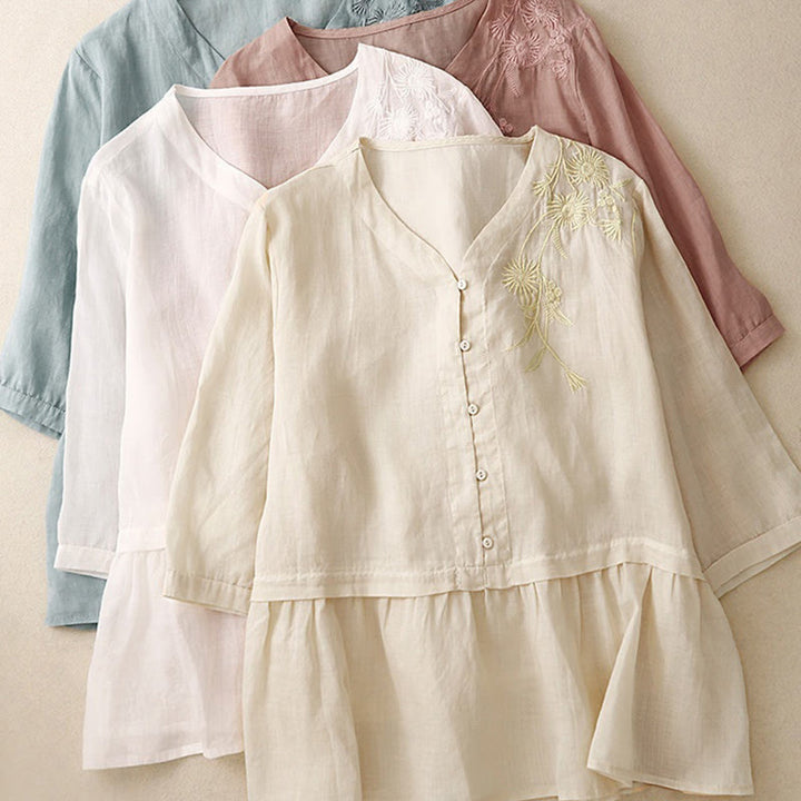 Camicia da donna in cotone con maniche a tre quarti e bottoni frontali ricamati con Buddha Stones  - image 28