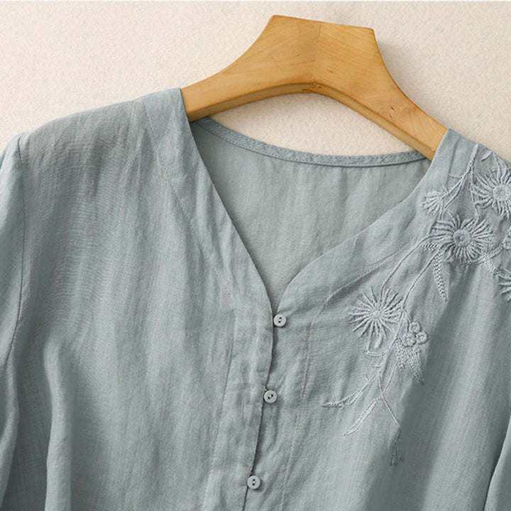 Camicia da donna in cotone con maniche a tre quarti, motivo Buddha Stones ricamato con bottoni sul davanti - image 3