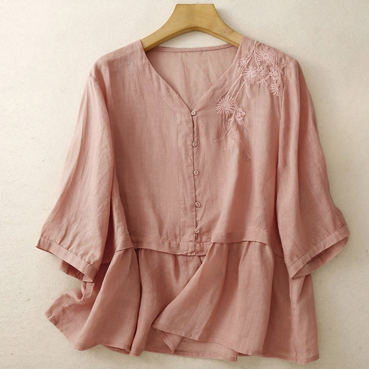 Camicia da donna in cotone con maniche a tre quarti, motivo Buddha Stones ricamato con bottoni sul davanti - image 21