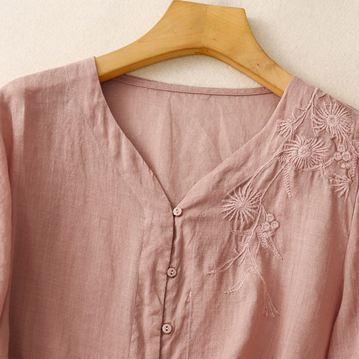 Camicia da donna in cotone con maniche a tre quarti e bottoni frontali ricamati con Buddha Stones  - image 24