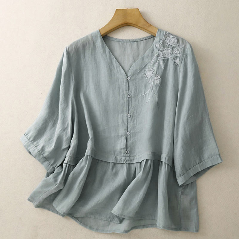 Camicia da donna in cotone con maniche a tre quarti e bottoni frontali ricamati con Buddha Stones  - image 0
