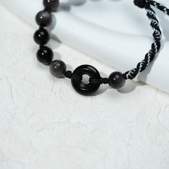Braccialetto di corda nera purificante con fibbia della pace in ossidiana nera naturale Buddha Stones - image 9