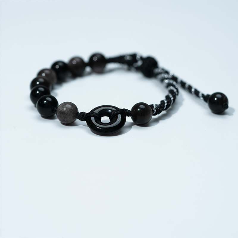 Braccialetto di corda nera purificante con fibbia della pace in ossidiana nera naturale Buddha Stones - image 2