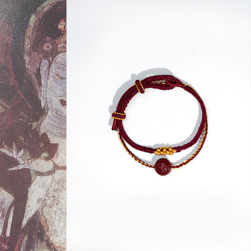 Braccialetto di benedizione a treccia a otto fili con perline di cinabro e nodo di fiori di pesco Buddha Stones - Corda rossa e cinabro (circonferenza del polso: 15-22 cm) - image 1