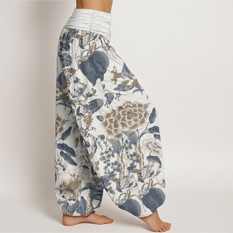 Pantaloni harem da donna con elastico in vita, in puro cotone, con motivo a foglie di loto e peonie, motivo Buddha Stones - image 1