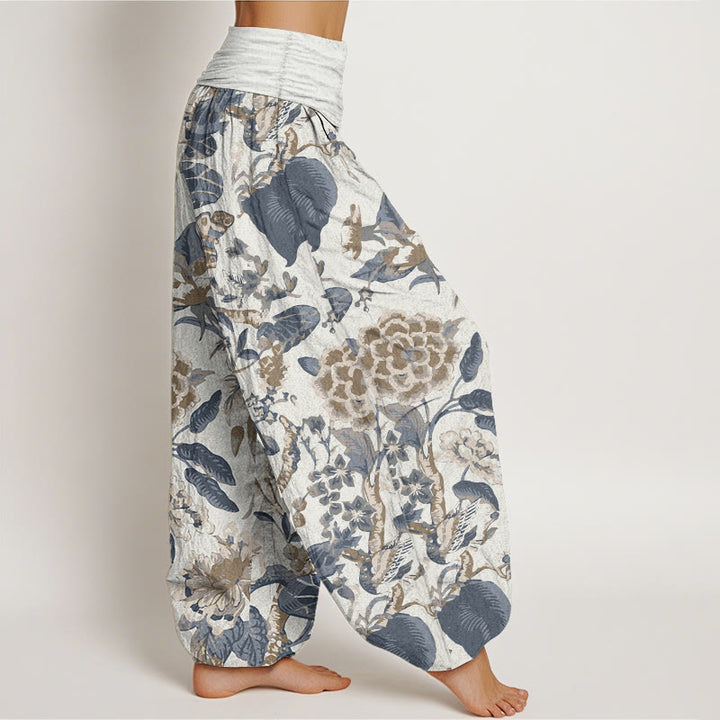 Pantaloni harem da donna con elastico in vita, in puro cotone, con motivo a foglie di loto e peonie, motivo Buddha Stones - image 1