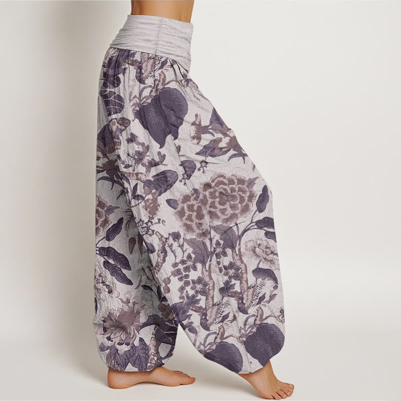 Pantaloni harem da donna con elastico in vita, in puro cotone, con motivo a foglie di loto e peonie, motivo Buddha Stones - image 7
