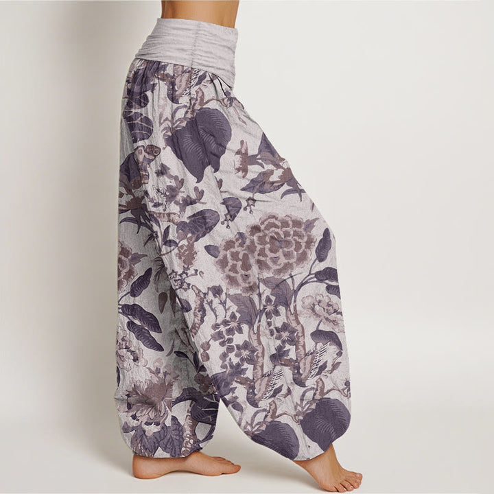 Pantaloni harem da donna con elastico in vita, in puro cotone, con motivo a foglie di loto e peonie, motivo Buddha Stones - image 7