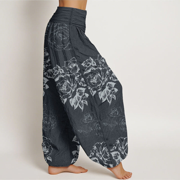 Pantaloni harem da donna con elastico in vita, in puro cotone, casual, con fiori di rosa e peonia, motivo Buddha Stones
