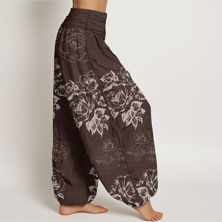 Pantaloni harem da donna con elastico in vita, in puro cotone, casual, con fiori di rosa e peonia, motivo Buddha Stones