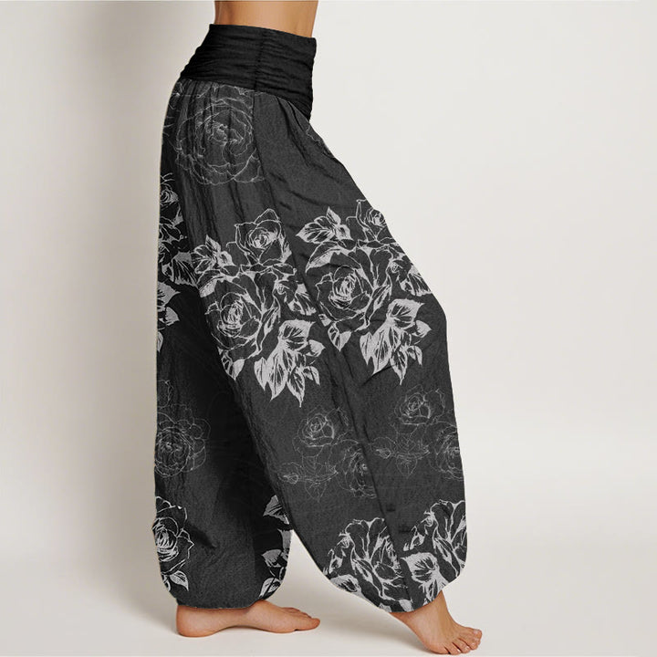Pantaloni harem da donna con elastico in vita, in puro cotone, casual, con fiori di rosa e peonia, motivo Buddha Stones