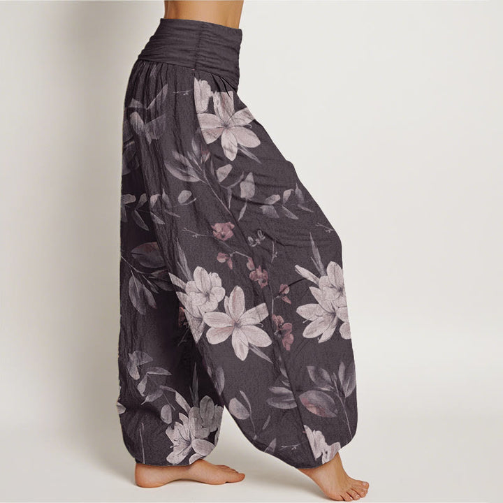 Pantaloni harem da donna in puro cotone con elastico in vita e motivo floreale, stile casual, motivo Buddha Stones