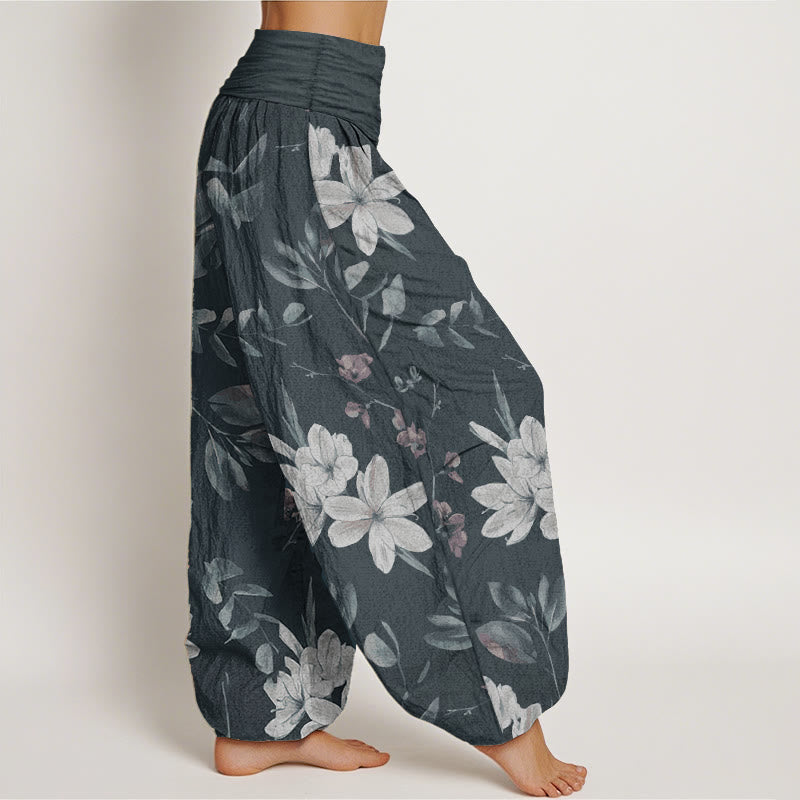Pantaloni harem da donna in puro cotone con elastico in vita e motivo floreale, stile casual, motivo Buddha Stones