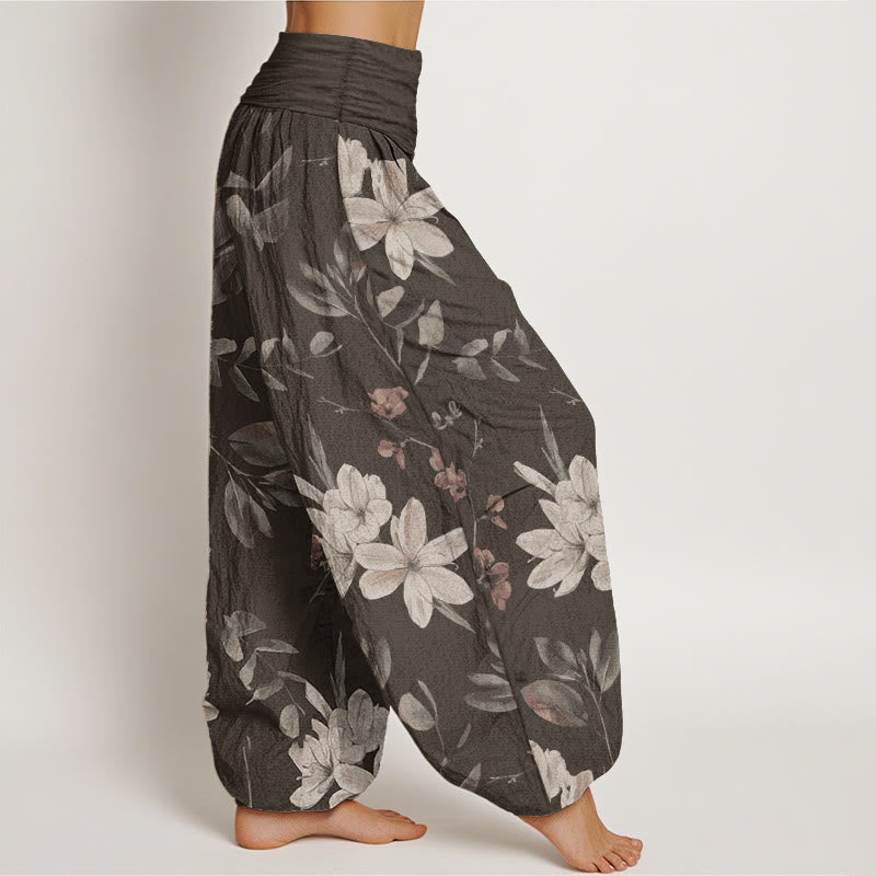 Pantaloni harem da donna in puro cotone con elastico in vita e motivo floreale, stile casual, motivo Buddha Stones