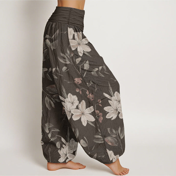 Pantaloni harem da donna in puro cotone con elastico in vita e motivo floreale, stile casual, motivo Buddha Stones