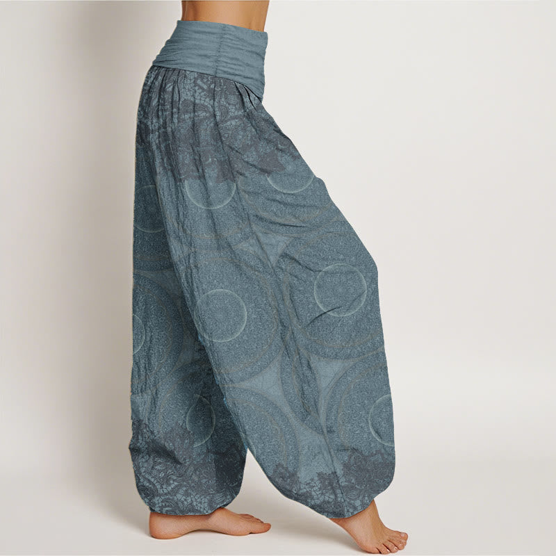 Pantaloni harem da donna con elastico in vita, in puro cotone, con motivo a bussola e fiori casual, motivo Buddha Stones