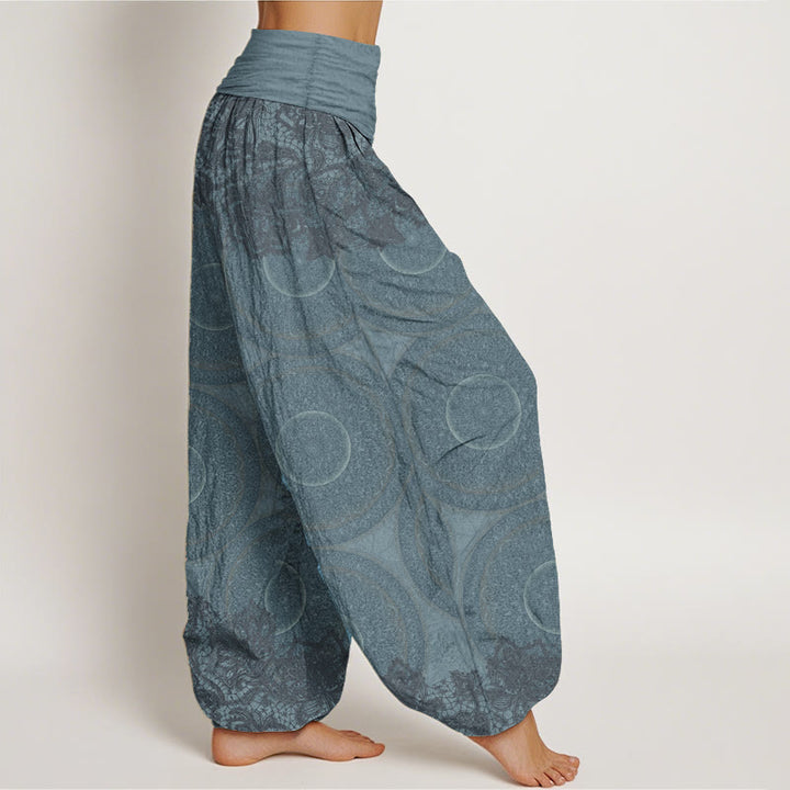 Pantaloni harem da donna con elastico in vita, in puro cotone, con motivo a bussola e fiori casual, motivo Buddha Stones