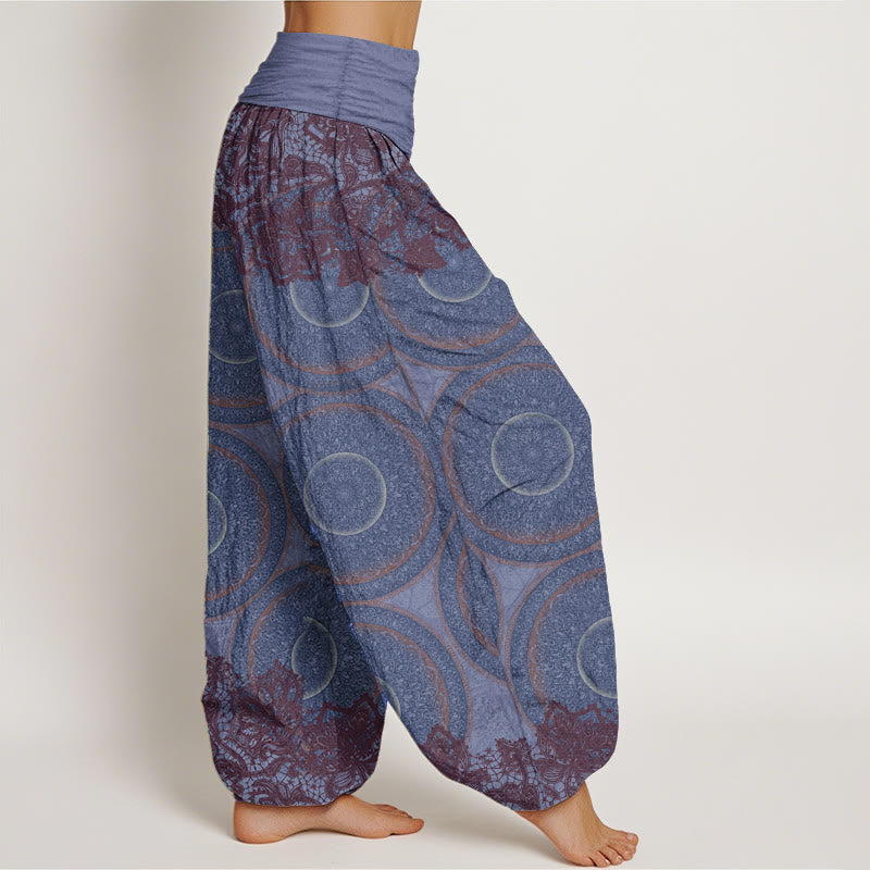 Pantaloni harem da donna con elastico in vita, in puro cotone, con motivo a bussola e fiori casual, motivo Buddha Stones
