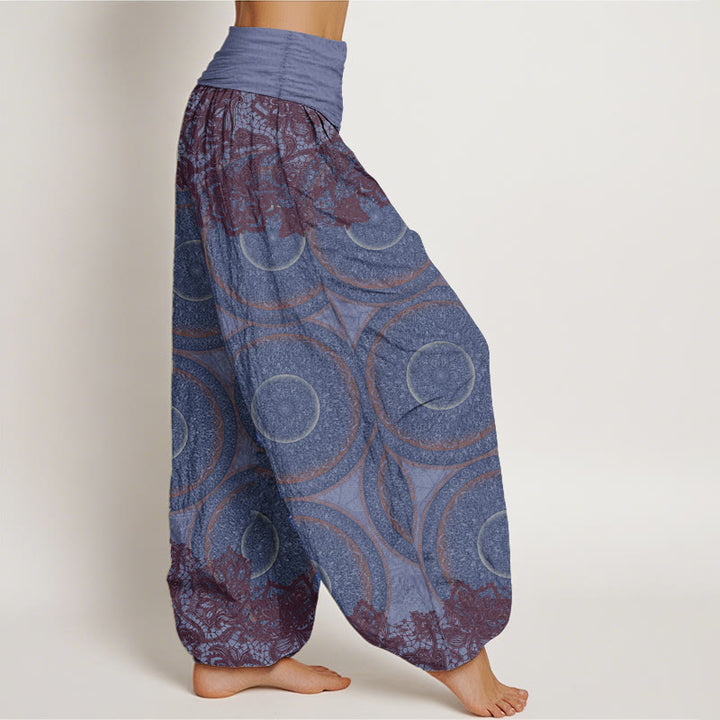 Pantaloni harem da donna con elastico in vita, in puro cotone, con motivo a bussola e fiori casual, motivo Buddha Stones